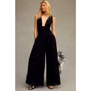 Anthropologie Deep-V Wide-Leg Black Jumpsuit - New XS